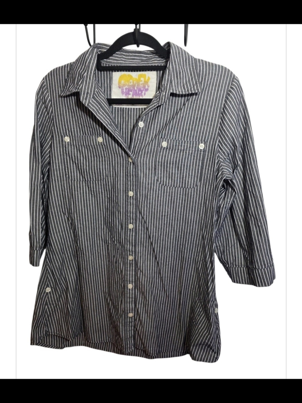 Derek Heart Gray White Pinstripe Button-Up Shirt Women's Large 100% Cotton